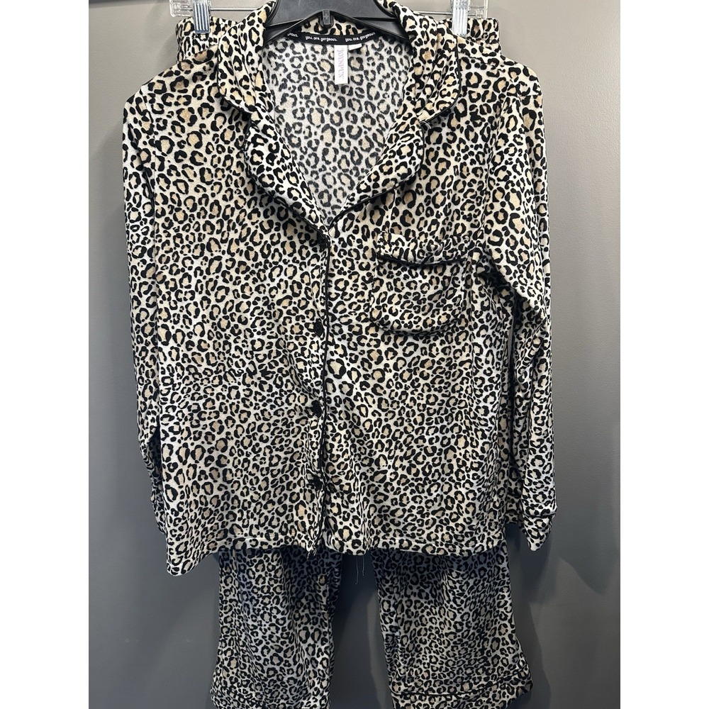 Joyspun Womens Leopard Print Notch Collar Pajama Set M 8-10 Animal Print PJ